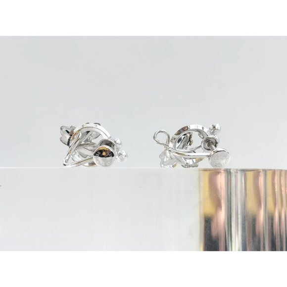 Maple Leaf Screw Back Sterling Silver Rhinestone Vintage Foliage Stud Earrings - Picture 6 of 9